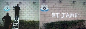 St James' Park sign being removed.