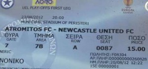 Atromitos v NUFC ticket.
